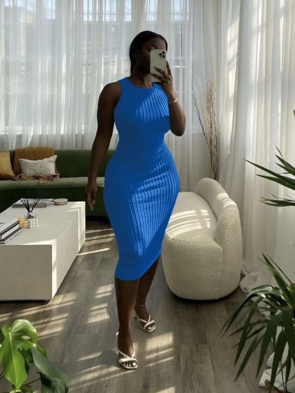 Fashion Solid Plain Casual Summer Knitting Sweater Knit Sleeveless Long Midi Sexy Bodycon Ladies Womens Dresses