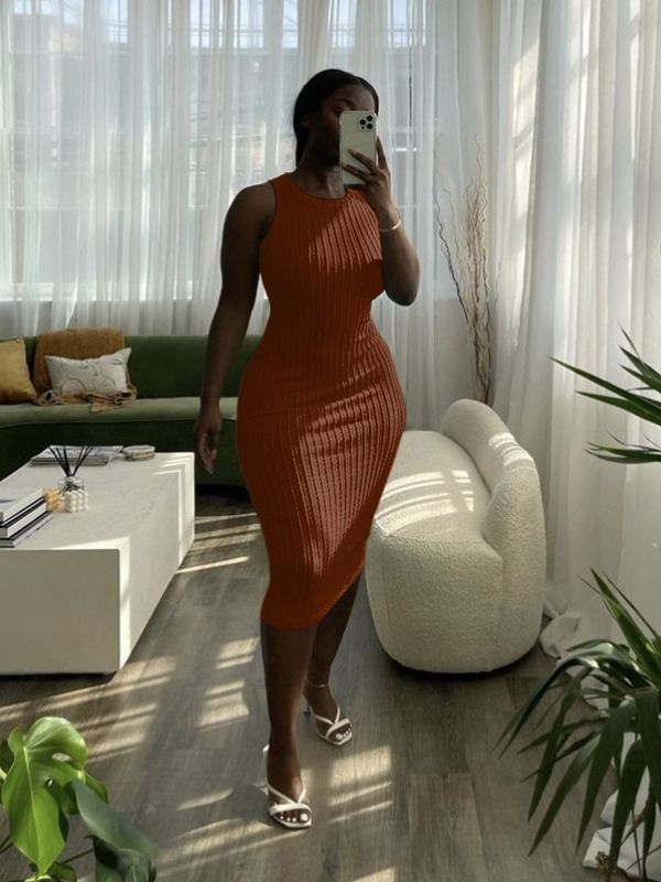 Fashion Solid Plain Casual Summer Knitting Sweater Knit Sleeveless Long Midi Sexy Bodycon Ladies Womens Dresses
