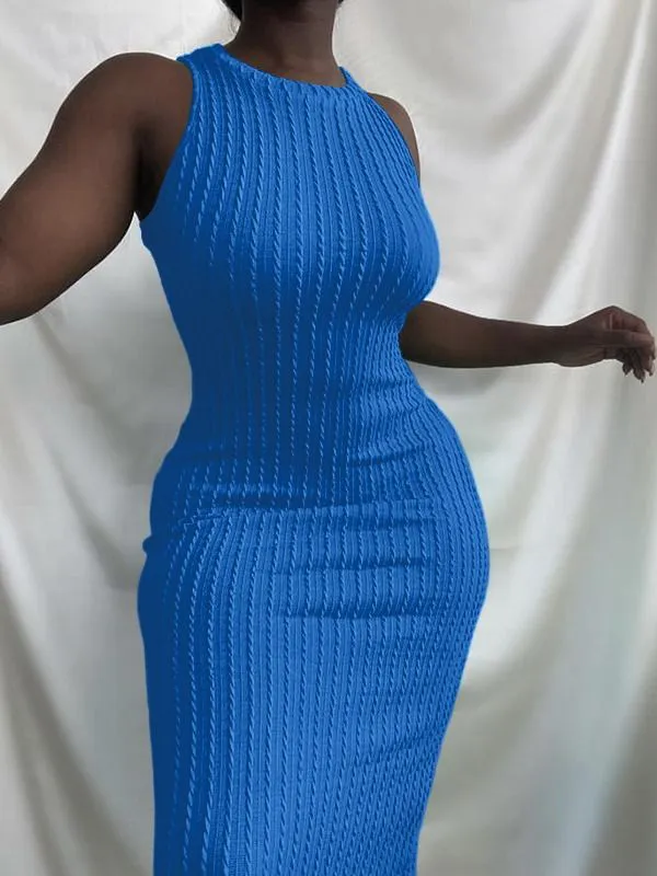 Fashion Solid Plain Casual Summer Knitting Sweater Knit Sleeveless Long Midi Sexy Bodycon Ladies Womens Dresses