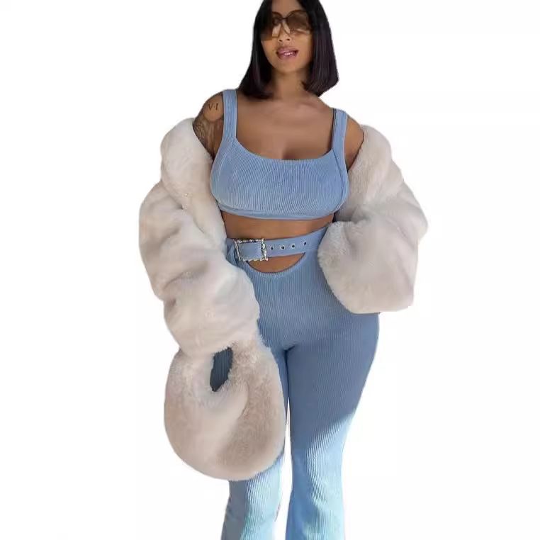 Summer Solid Two Piece Sets Outfits For Women Casual Backless Gallus Crop Tops And Skinny High Waist Pants  Two-Piece Outfits