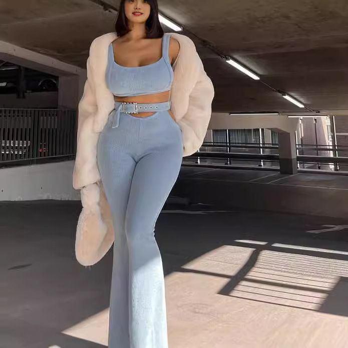 Summer Solid Two Piece Sets Outfits For Women Casual Backless Gallus Crop Tops And Skinny High Waist Pants  Two-Piece Outfits