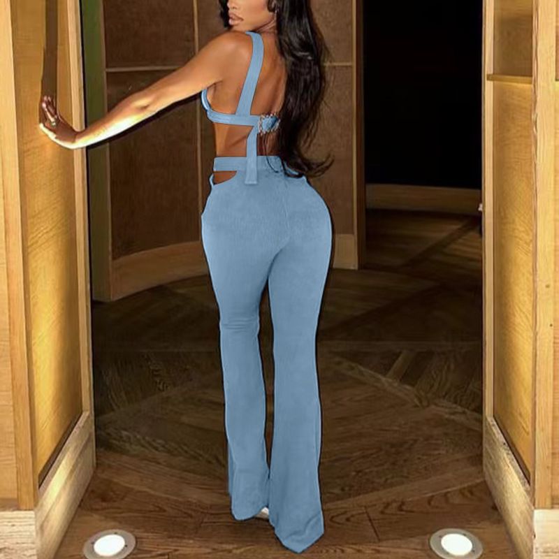 Summer Solid Two Piece Sets Outfits For Women Casual Backless Gallus Crop Tops And Skinny High Waist Pants  Two-Piece Outfits