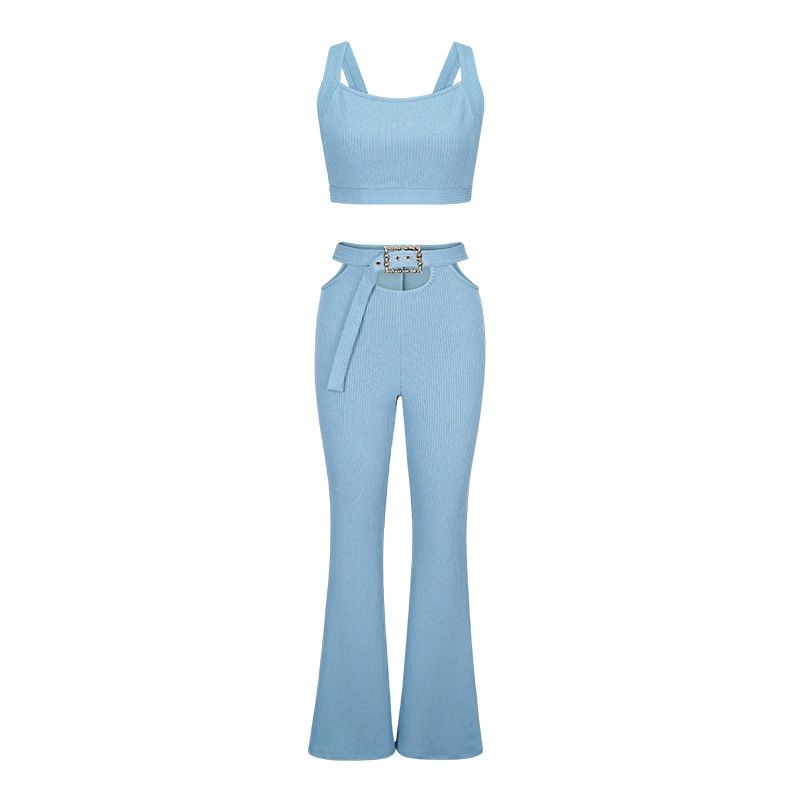 Summer Solid Two Piece Sets Outfits For Women Casual Backless Gallus Crop Tops And Skinny High Waist Pants  Two-Piece Outfits