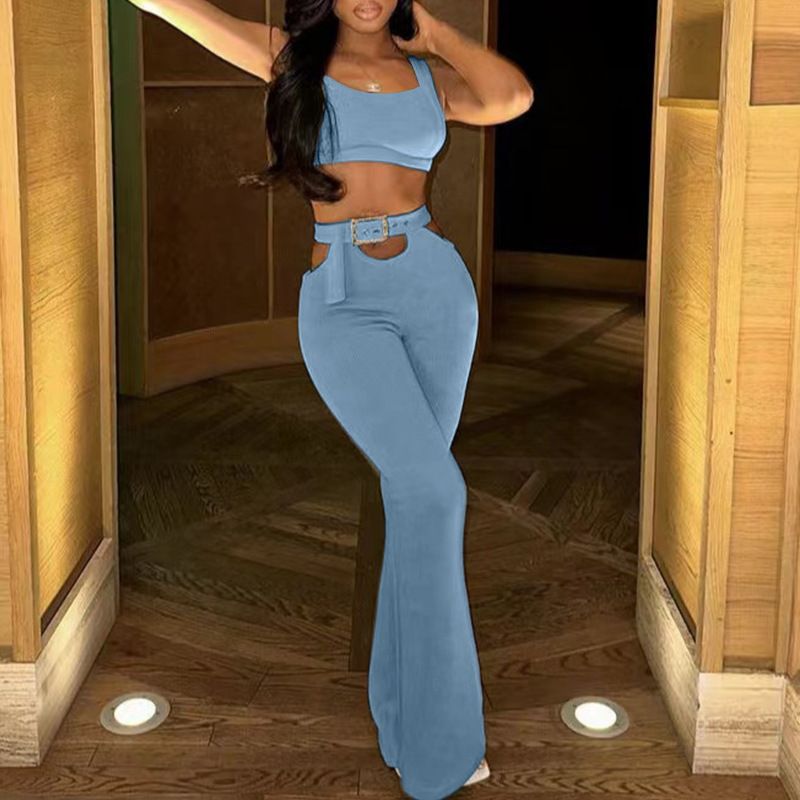 Summer Solid Two Piece Sets Outfits For Women Casual Backless Gallus Crop Tops And Skinny High Waist Pants  Two-Piece Outfits