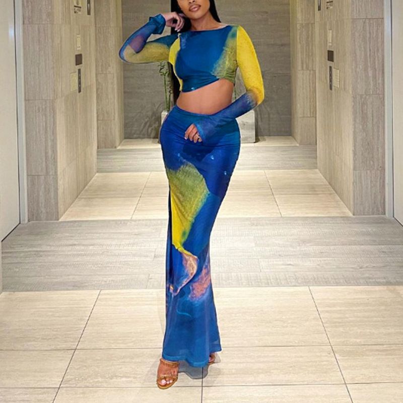 Summer New Sexy Folds Printing Long Sleeves Crop Top High Waist Maxi Skirt Sets For Women Dresses
