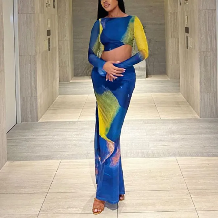 Summer New Sexy Folds Printing Long Sleeves Crop Top High Waist Maxi Skirt Sets For Women Dresses