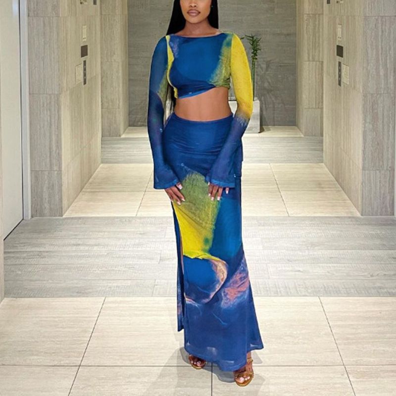 Summer New Sexy Folds Printing Long Sleeves Crop Top High Waist Maxi Skirt Sets For Women Dresses