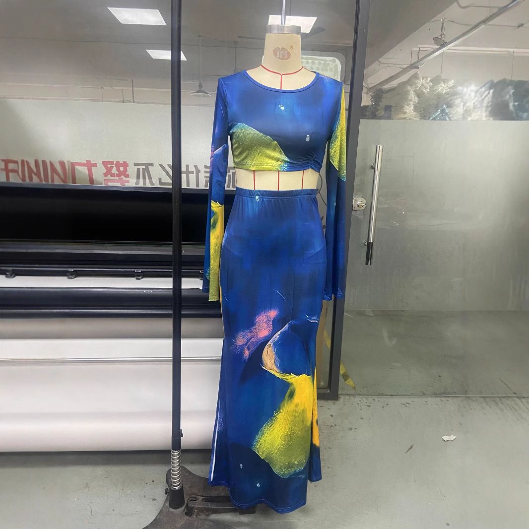 Summer New Sexy Folds Printing Long Sleeves Crop Top High Waist Maxi Skirt Sets For Women Dresses