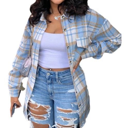Autumn Shirt Jacket for Women's Casual WearIn stock Woolen Lapel Button-Checked Pocket Long-Sleeved Coat
