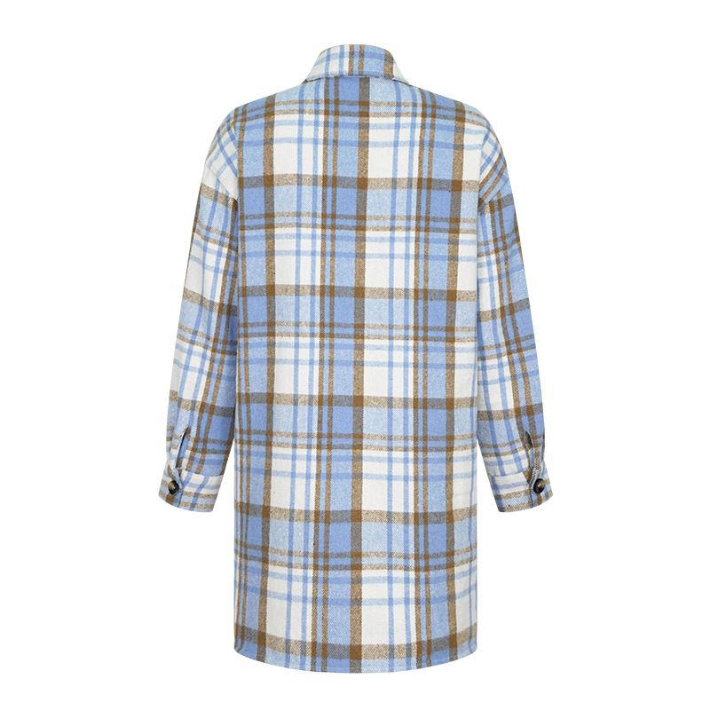 Autumn Shirt Jacket for Women's Casual WearIn stock Woolen Lapel Button-Checked Pocket Long-Sleeved Coat