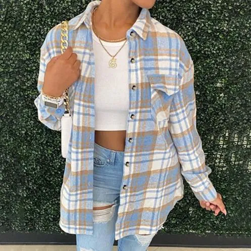 Autumn Shirt Jacket for Women's Casual WearIn stock Woolen Lapel Button-Checked Pocket Long-Sleeved Coat