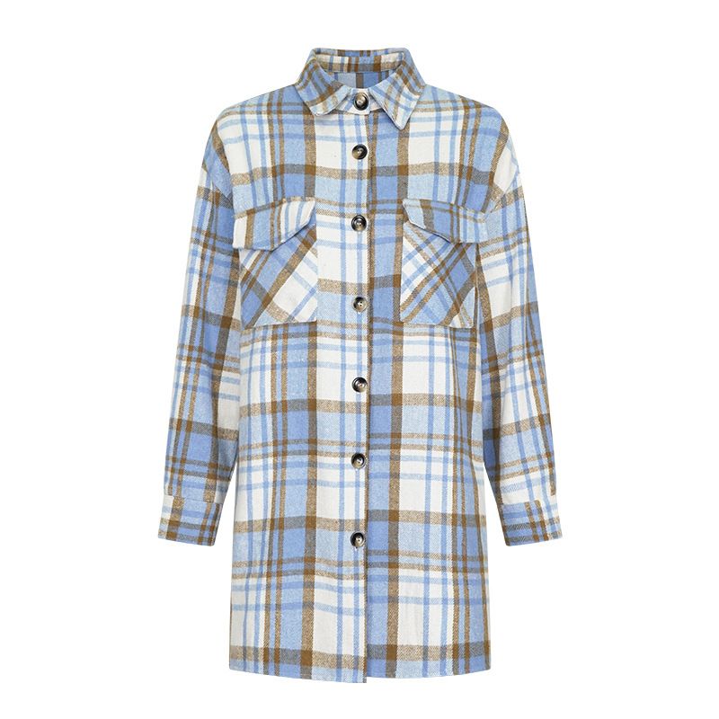 Autumn Shirt Jacket for Women's Casual WearIn stock Woolen Lapel Button-Checked Pocket Long-Sleeved Coat