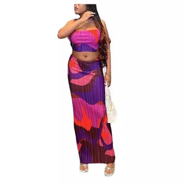 Trendy Folded Camisole Top With Printed Long Skirt Elegant TwoPiece Women S Suit Set Two-Piece Outfits