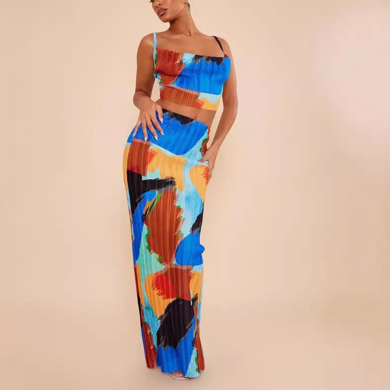 Trendy Folded Camisole Top With Printed Long Skirt Elegant TwoPiece Women S Suit Set Two-Piece Outfits