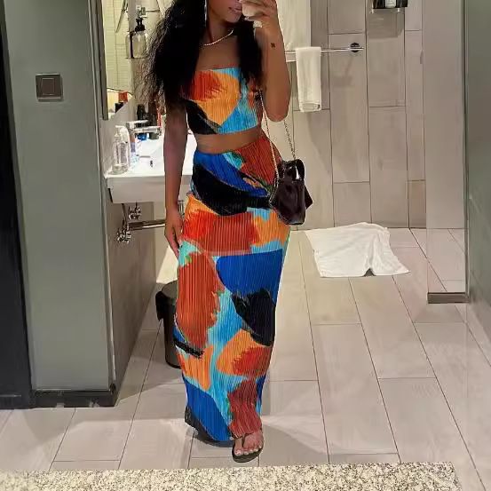 Trendy Folded Camisole Top With Printed Long Skirt Elegant TwoPiece Women S Suit Set Two-Piece Outfits