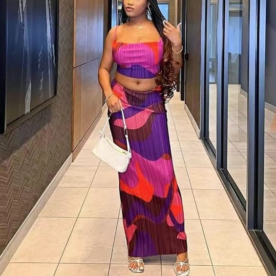 Trendy Folded Camisole Top With Printed Long Skirt Elegant TwoPiece Women S Suit Set Two-Piece Outfits