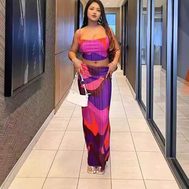 Trendy Folded Camisole Top With Printed Long Skirt Elegant TwoPiece Women S Suit Set Two-Piece Outfits