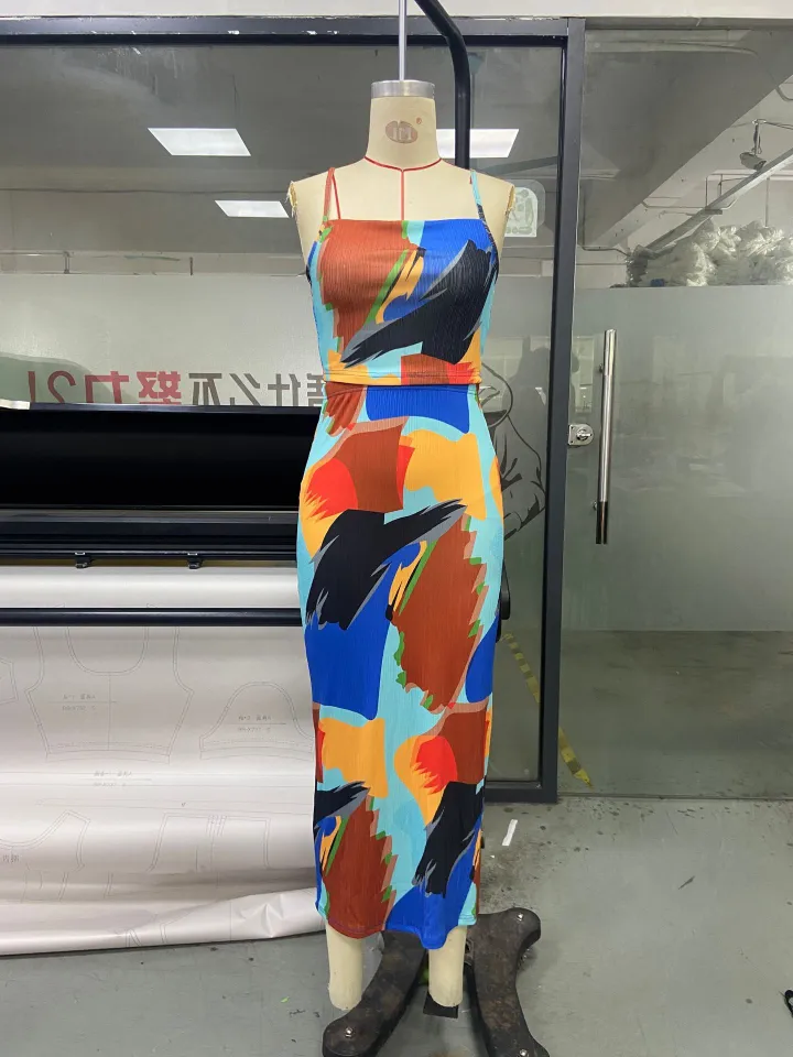 Trendy Folded Camisole Top With Printed Long Skirt Elegant TwoPiece Women S Suit Set Two-Piece Outfits