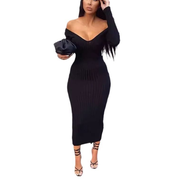 Wholesale customized autumn and winter new sexy V-shoulder solid color ribbed casual dress