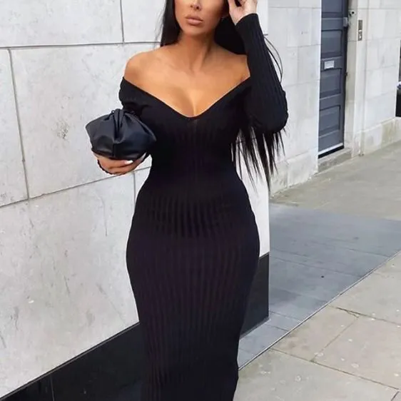 Wholesale customized autumn and winter new sexy V-shoulder solid color ribbed casual dress
