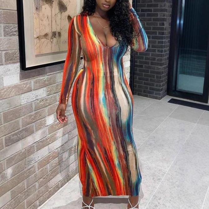 Hot Sale Long Sleeve Deep V Neck Knit Bodycon Backless Sundresses Plus Size Elegant Women Sun Dresses