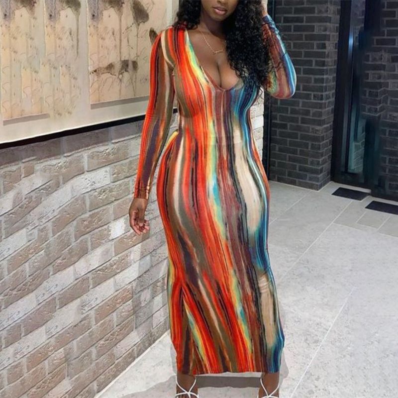 Hot Sale Long Sleeve Deep V Neck Knit Bodycon Backless Sundresses Plus Size Elegant Women Sun Dresses