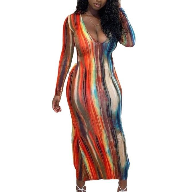 Hot Sale Long Sleeve Deep V Neck Knit Bodycon Backless Sundresses Plus Size Elegant Women Sun Dresses