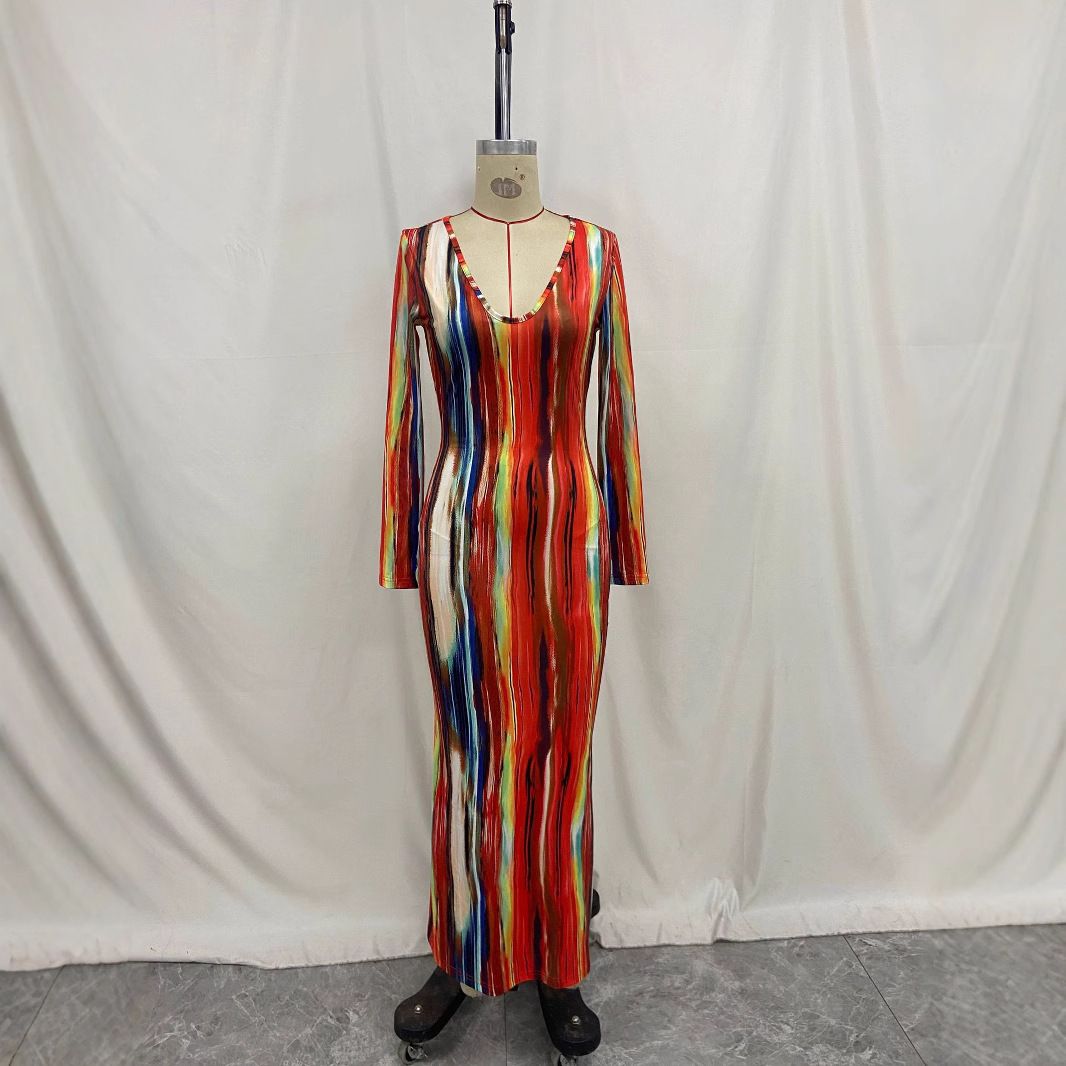 Hot Sale Long Sleeve Deep V Neck Knit Bodycon Backless Sundresses Plus Size Elegant Women Sun Dresses