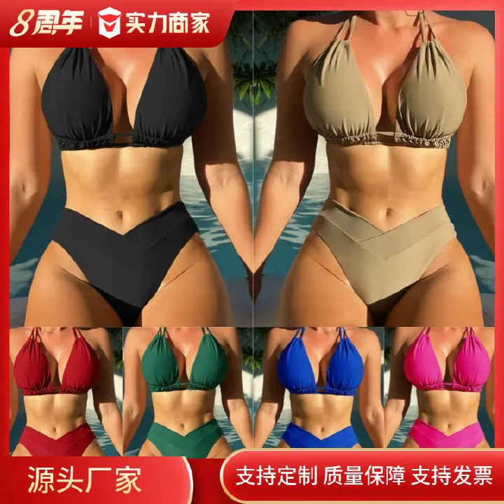 New Triangle Swimwear Women Halter Brazilian Bikini Set Female Pleated Swimsuit Beach Wear Bathing SuitCover Ups  Swimwear >