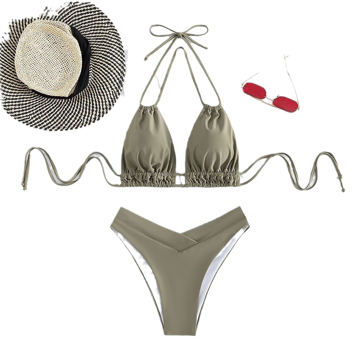 New Triangle Swimwear Women Halter Brazilian Bikini Set Female Pleated Swimsuit Beach Wear Bathing SuitCover Ups  Swimwear >
