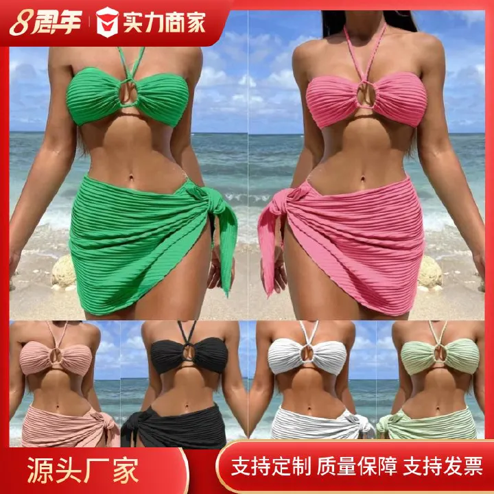 Sexy Stripe Custom LOGO Backless Swimwear Swimsuit Hot Girls Sweet Bikinis Manufacturer Girls 3 Piece Set Beachwear Cover UpCover Ups
