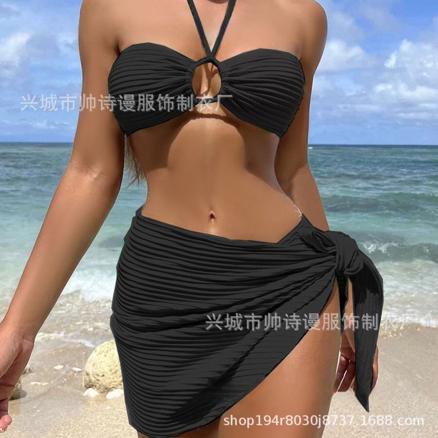 Sexy Stripe Custom LOGO Backless Swimwear Swimsuit Hot Girls Sweet Bikinis Manufacturer Girls 3 Piece Set Beachwear Cover UpCover Ups