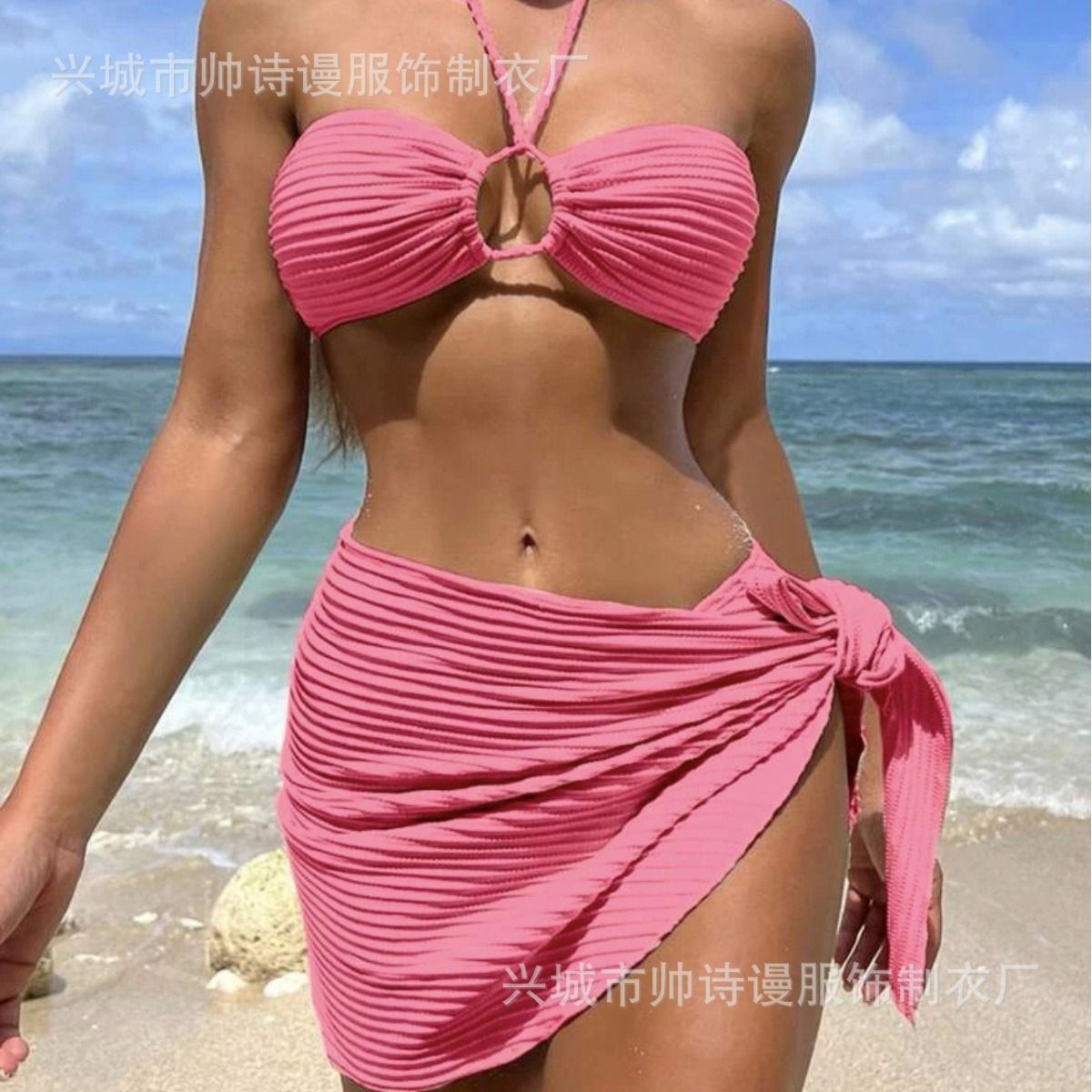 Sexy Stripe Custom LOGO Backless Swimwear Swimsuit Hot Girls Sweet Bikinis Manufacturer Girls 3 Piece Set Beachwear Cover UpCover Ups