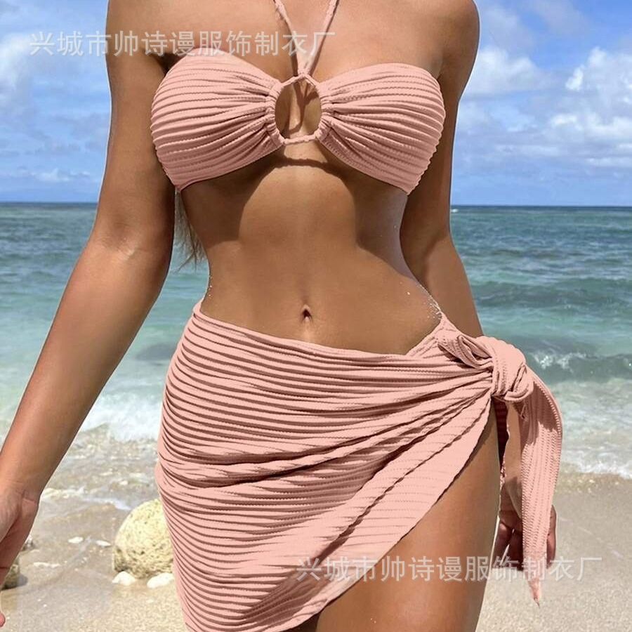 Sexy Stripe Custom LOGO Backless Swimwear Swimsuit Hot Girls Sweet Bikinis Manufacturer Girls 3 Piece Set Beachwear Cover UpCover Ups