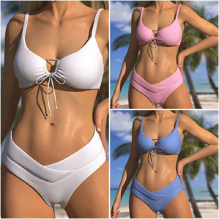 Custom Women's Sexy V-Neck Bikini Set 2-Piece Thong with Push-Up Swimwear Summer Beach Bathing Cover Ups