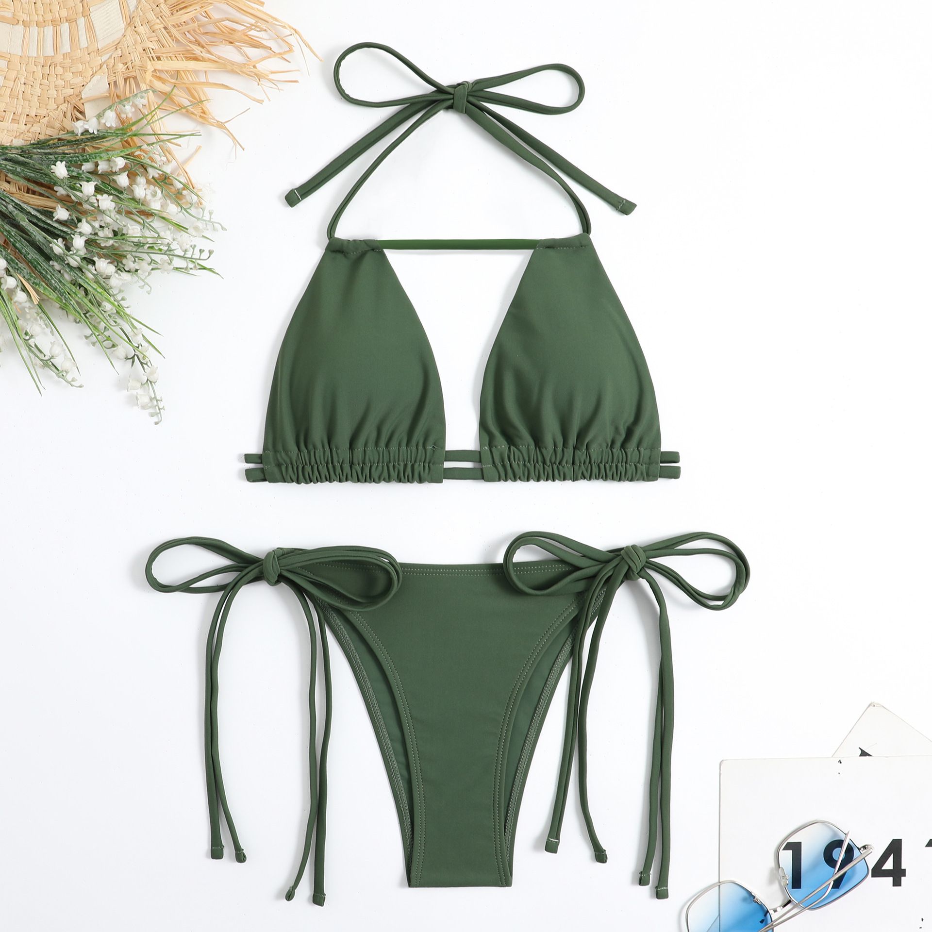 Custom Summer Snorkeling Beach Sexy Swim Solid Color Bikini Triangle Bathing Suit Plus Size Tie String Thong Swimsuit For WomenCover Ups