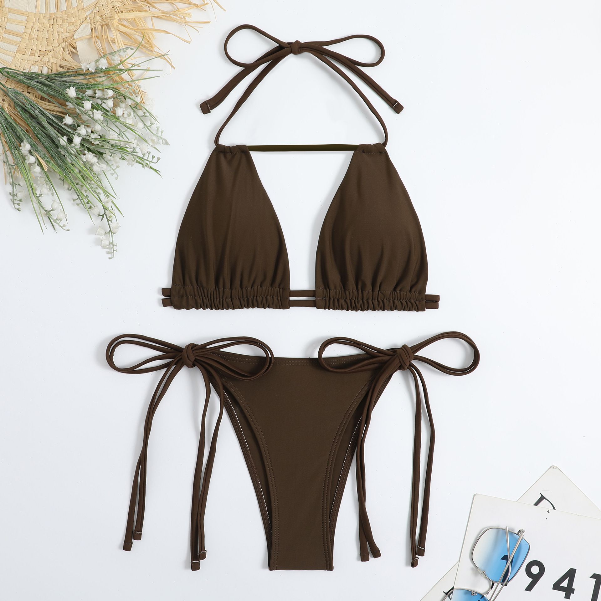 Custom Summer Snorkeling Beach Sexy Swim Solid Color Bikini Triangle Bathing Suit Plus Size Tie String Thong Swimsuit For WomenCover Ups