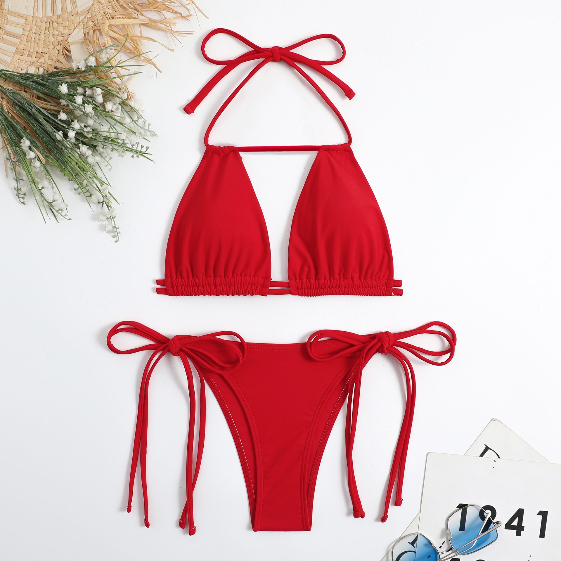 Custom Summer Snorkeling Beach Sexy Swim Solid Color Bikini Triangle Bathing Suit Plus Size Tie String Thong Swimsuit For WomenCover Ups