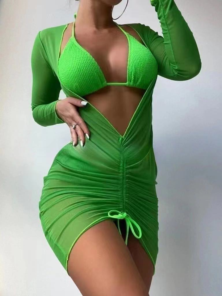 New Ladies Sexy Long Sleeve Aesthetic Solid Color Bikini Three Pieces SwimwearSexy Beachwear Three-Piece Swimsuit Black Bikini Drawstring Swimsuit For Women Girls Cover Up Swimwear Cover Ups