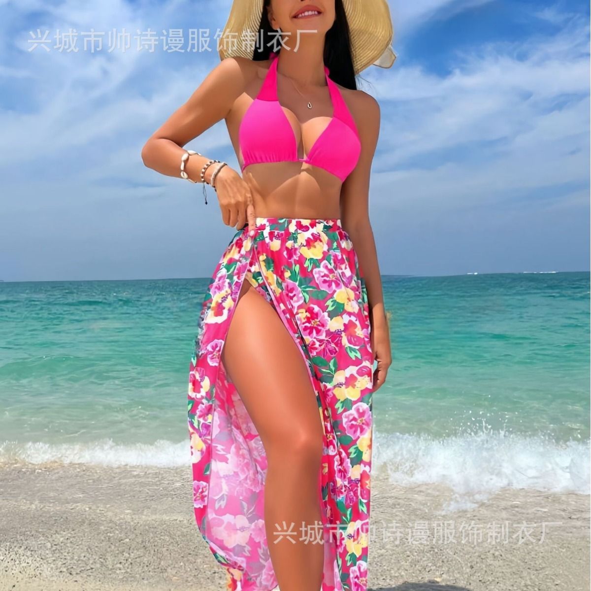 New Women 3 Pieces Swimsuit Printed Halter Bikini Set Side Split Dress Cover Up Bathing Suits  Cover Ups