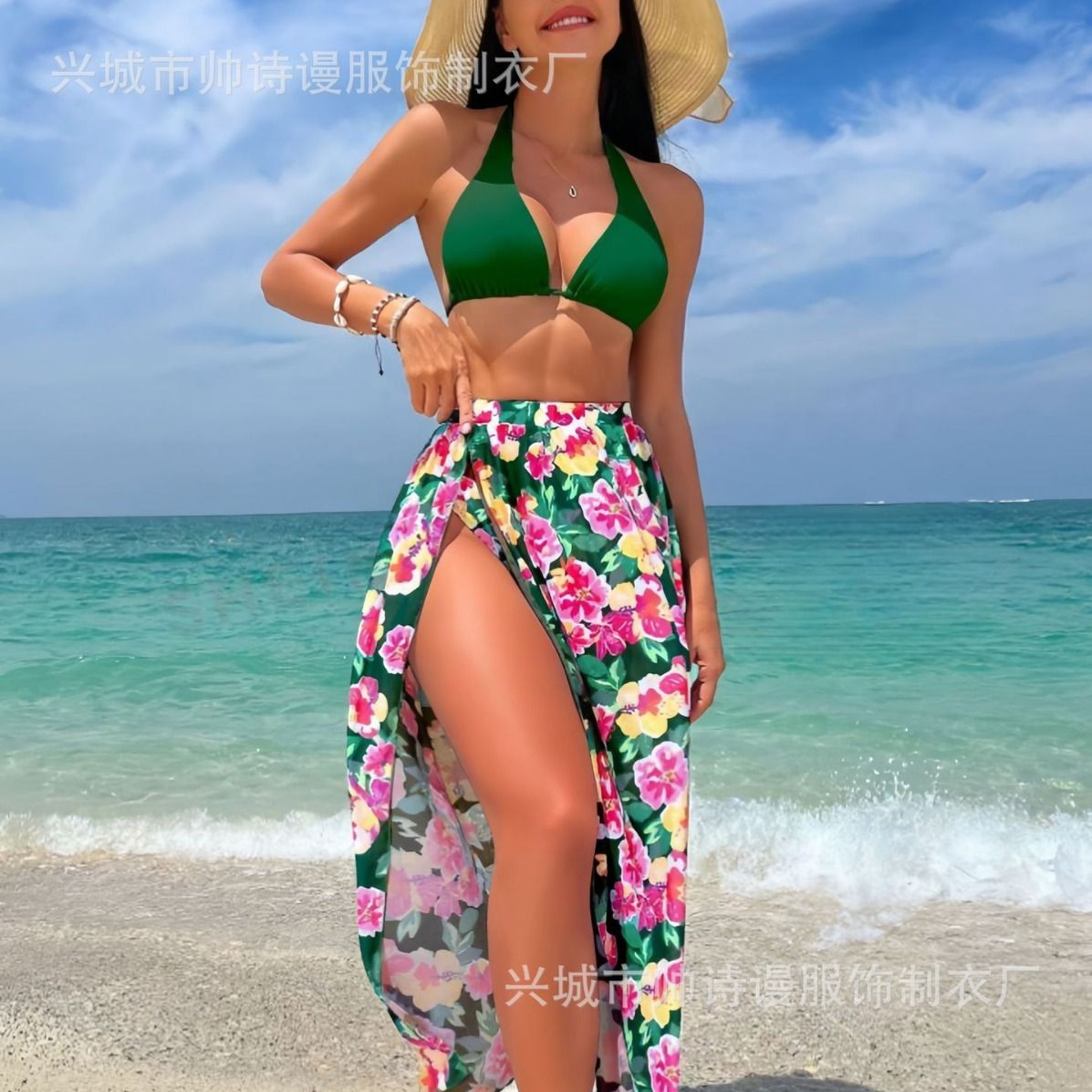 New Women 3 Pieces Swimsuit Printed Halter Bikini Set Side Split Dress Cover Up Bathing Suits  Cover Ups