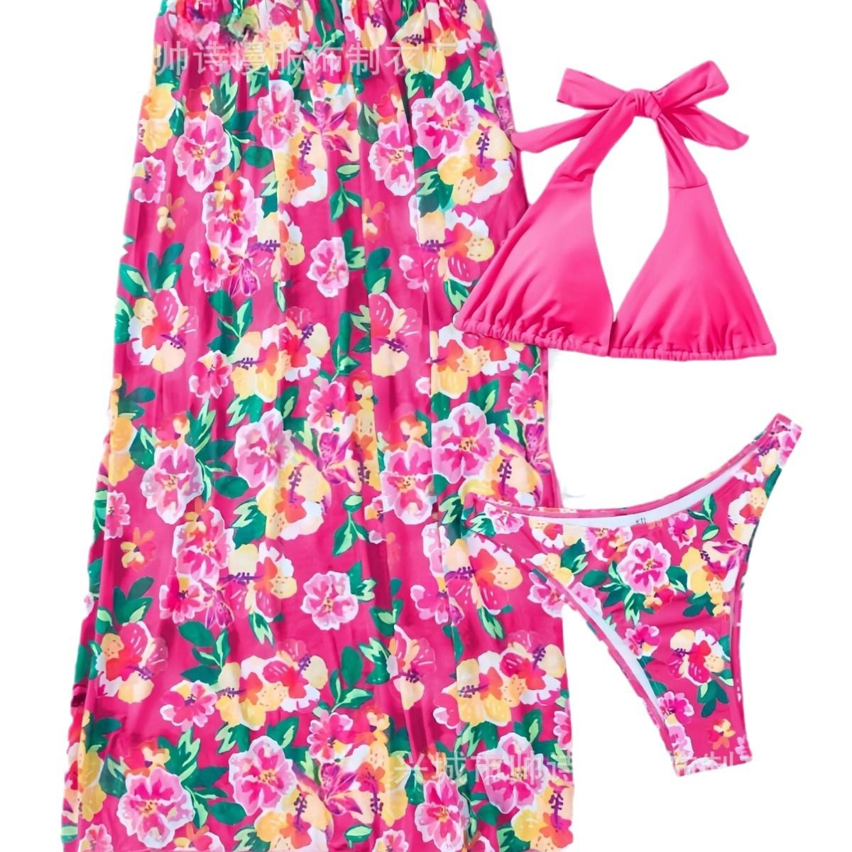 New Women 3 Pieces Swimsuit Printed Halter Bikini Set Side Split Dress Cover Up Bathing Suits  Cover Ups