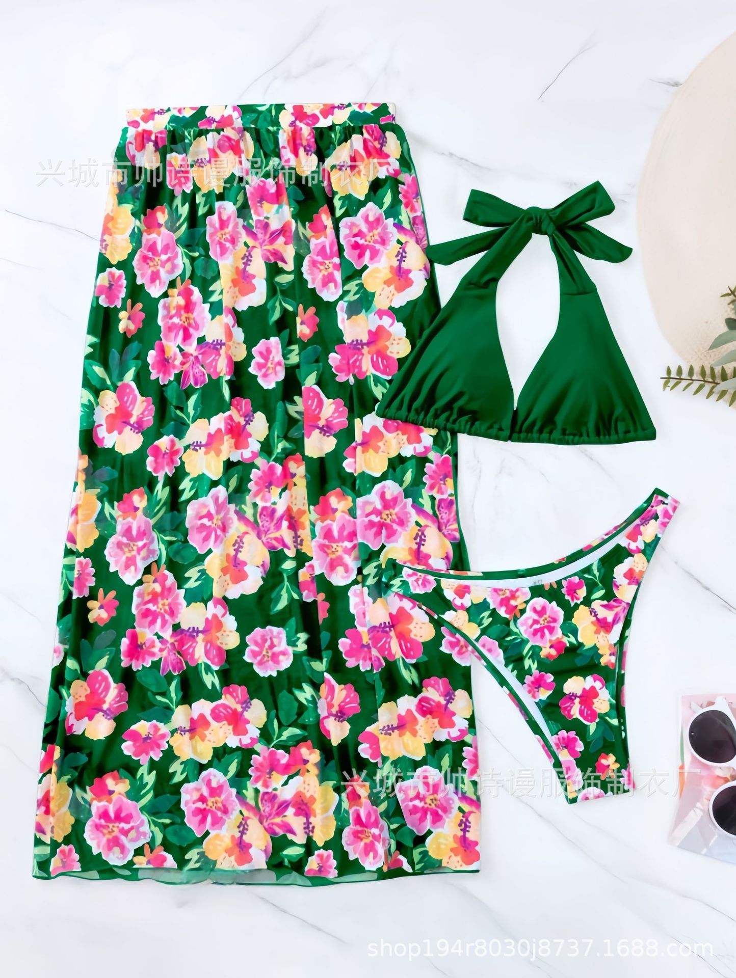 New Women 3 Pieces Swimsuit Printed Halter Bikini Set Side Split Dress Cover Up Bathing Suits  Cover Ups