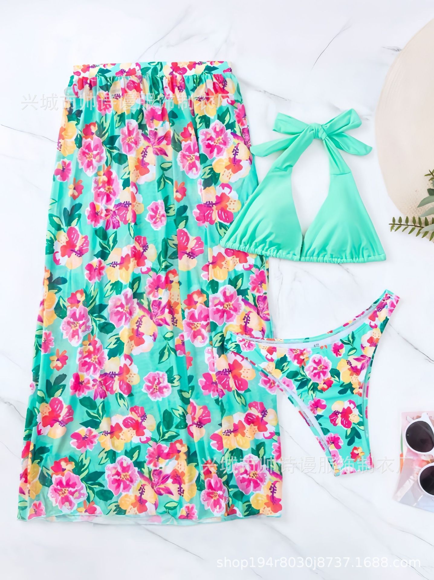 New Women 3 Pieces Swimsuit Printed Halter Bikini Set Side Split Dress Cover Up Bathing Suits  Cover Ups