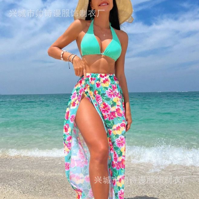 New Women 3 Pieces Swimsuit Printed Halter Bikini Set Side Split Dress Cover Up Bathing Suits  Cover Ups