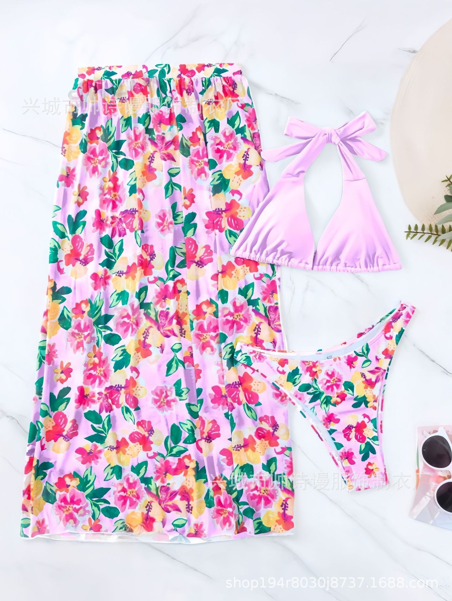 New Women 3 Pieces Swimsuit Printed Halter Bikini Set Side Split Dress Cover Up Bathing Suits  Cover Ups