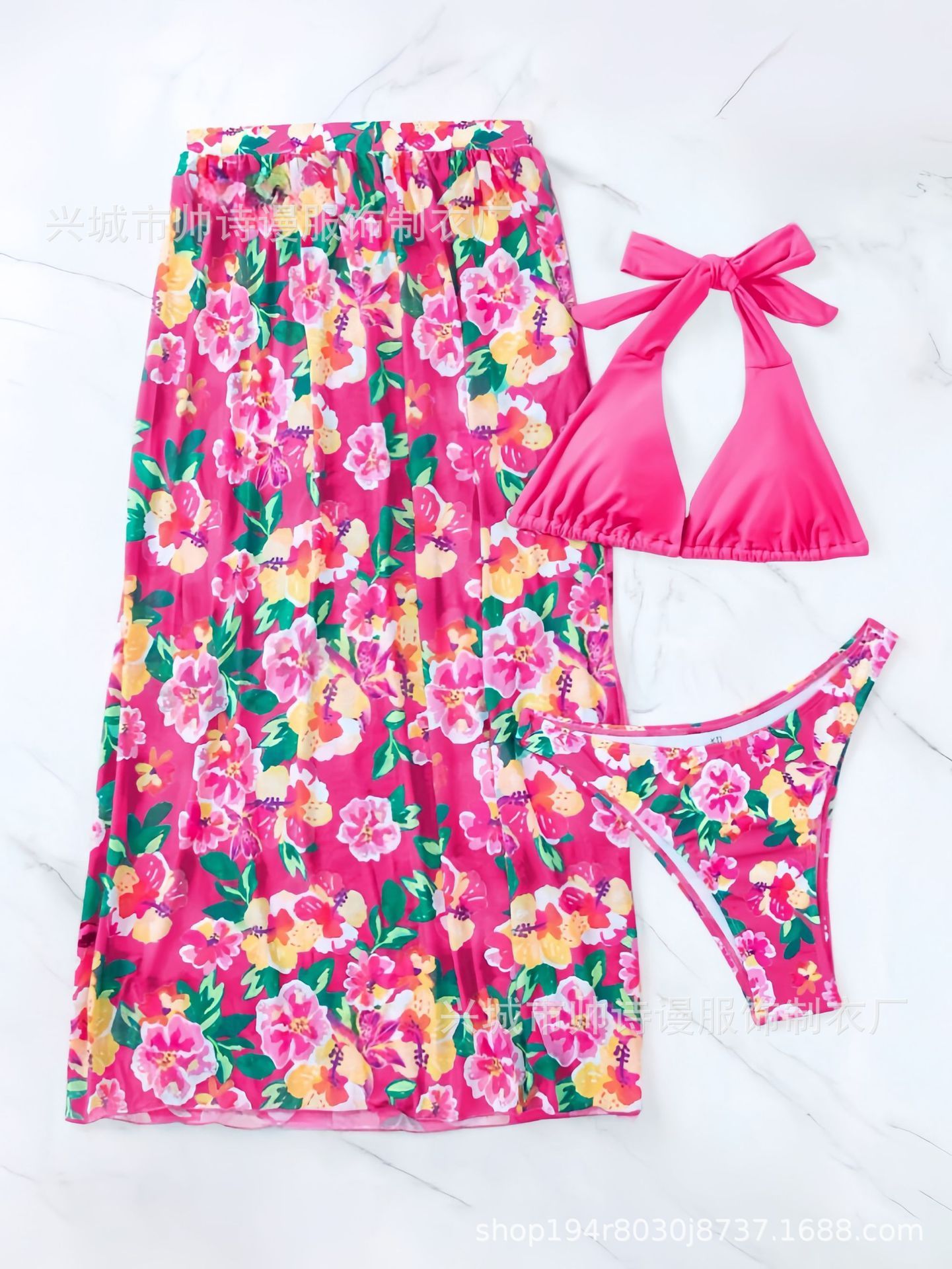 New Women 3 Pieces Swimsuit Printed Halter Bikini Set Side Split Dress Cover Up Bathing Suits  Cover Ups