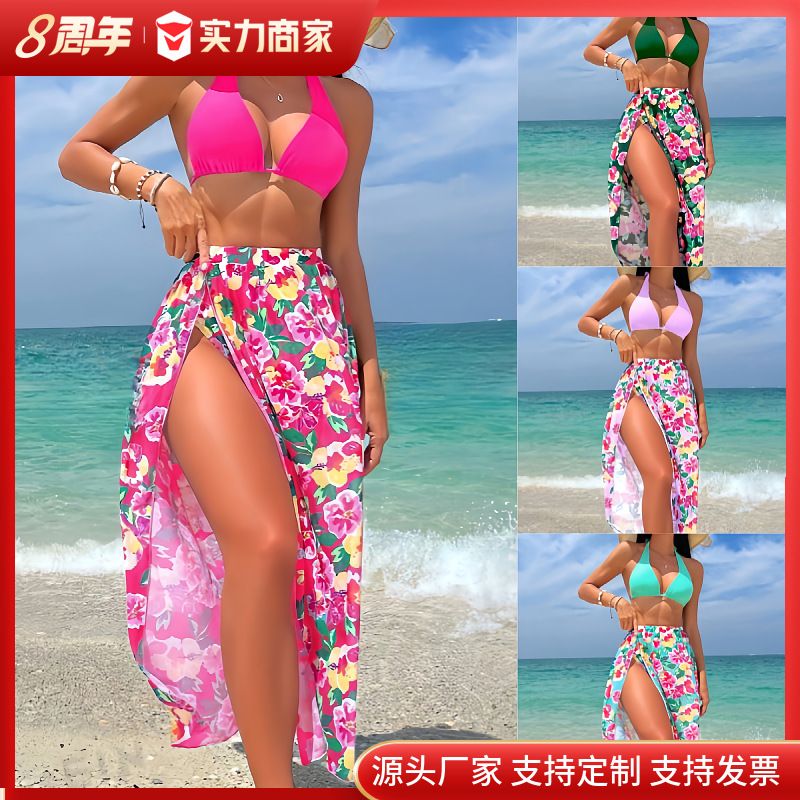 New Women 3 Pieces Swimsuit Printed Halter Bikini Set Side Split Dress Cover Up Bathing Suits  Cover Ups