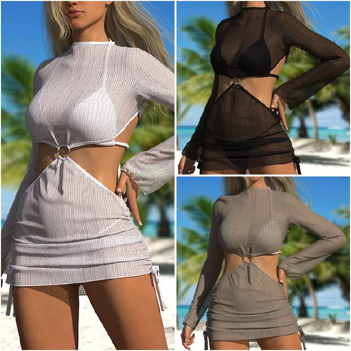 King Mcgreen star Fashion design New Special Mesh Backless Cover Up Drawstring Strap Swimsuit Bikini Three Piece Set for women Swimwear Cover Ups