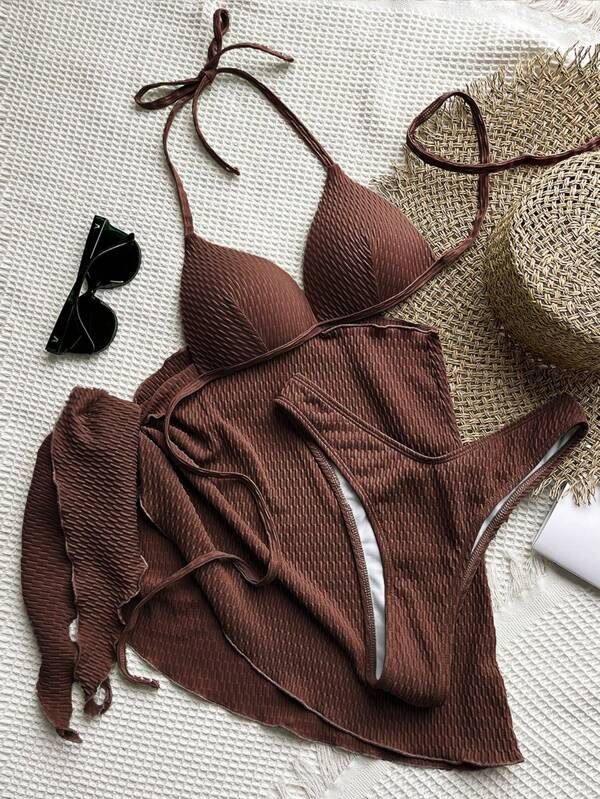 Swimsuit Women's European and American Sexy Sleeveless Split Three Piece Bikini Skirt Cover Ups   Swimwear Cover Ups